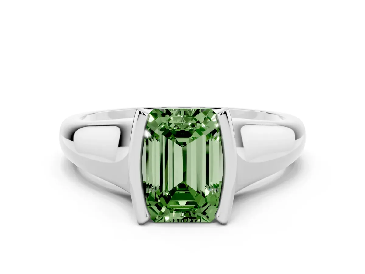 Fancy Green Emerald Cut Solitaire Tension Set Diamond Ring with Split Shank Band Silver