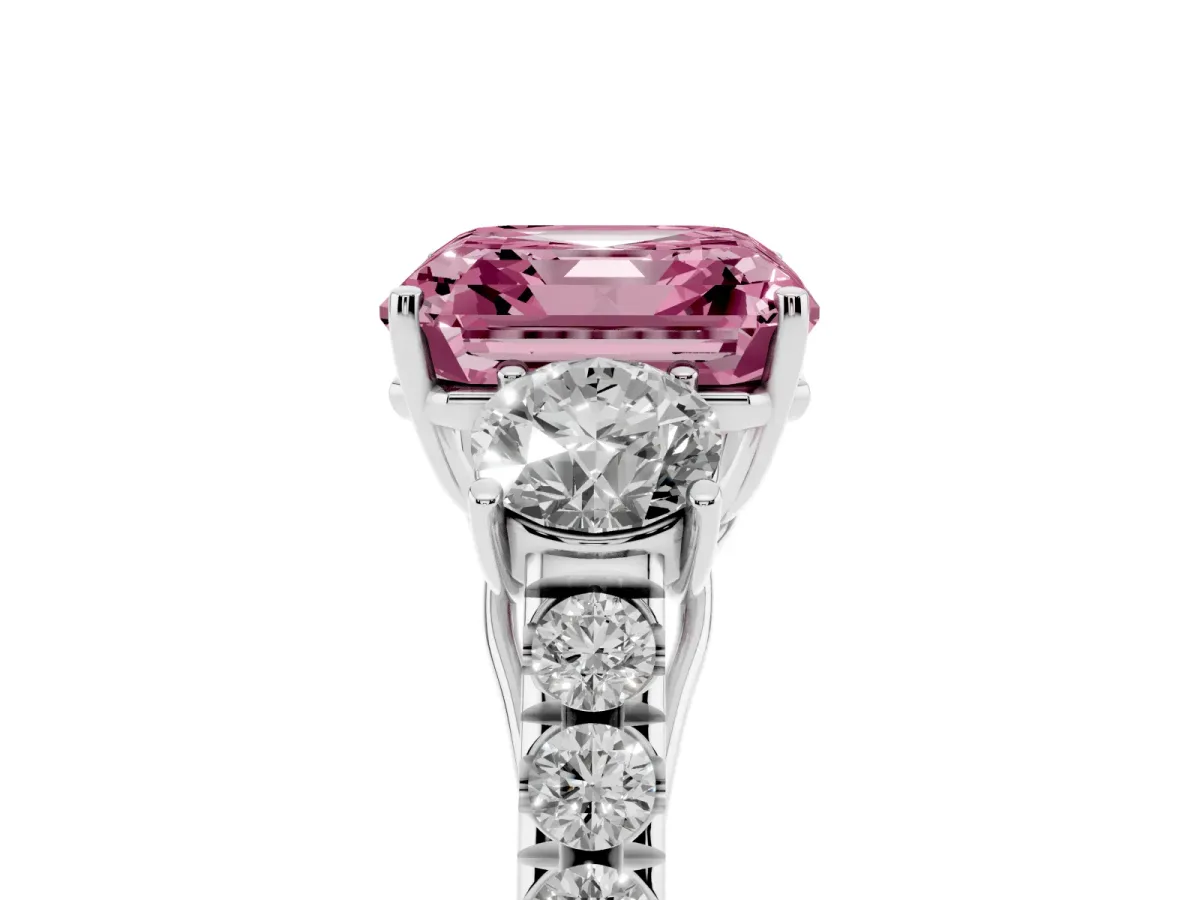 Fancy Pink Asscher Cut Cut Diamond Three-Stone Ring with Round Side Stones and Pavé Band Silver