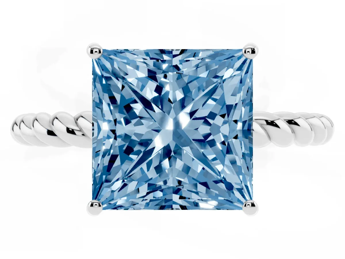 Fancy Blue Princess Cut Solitaire Twisted Band 4-Prong Ring Platinum