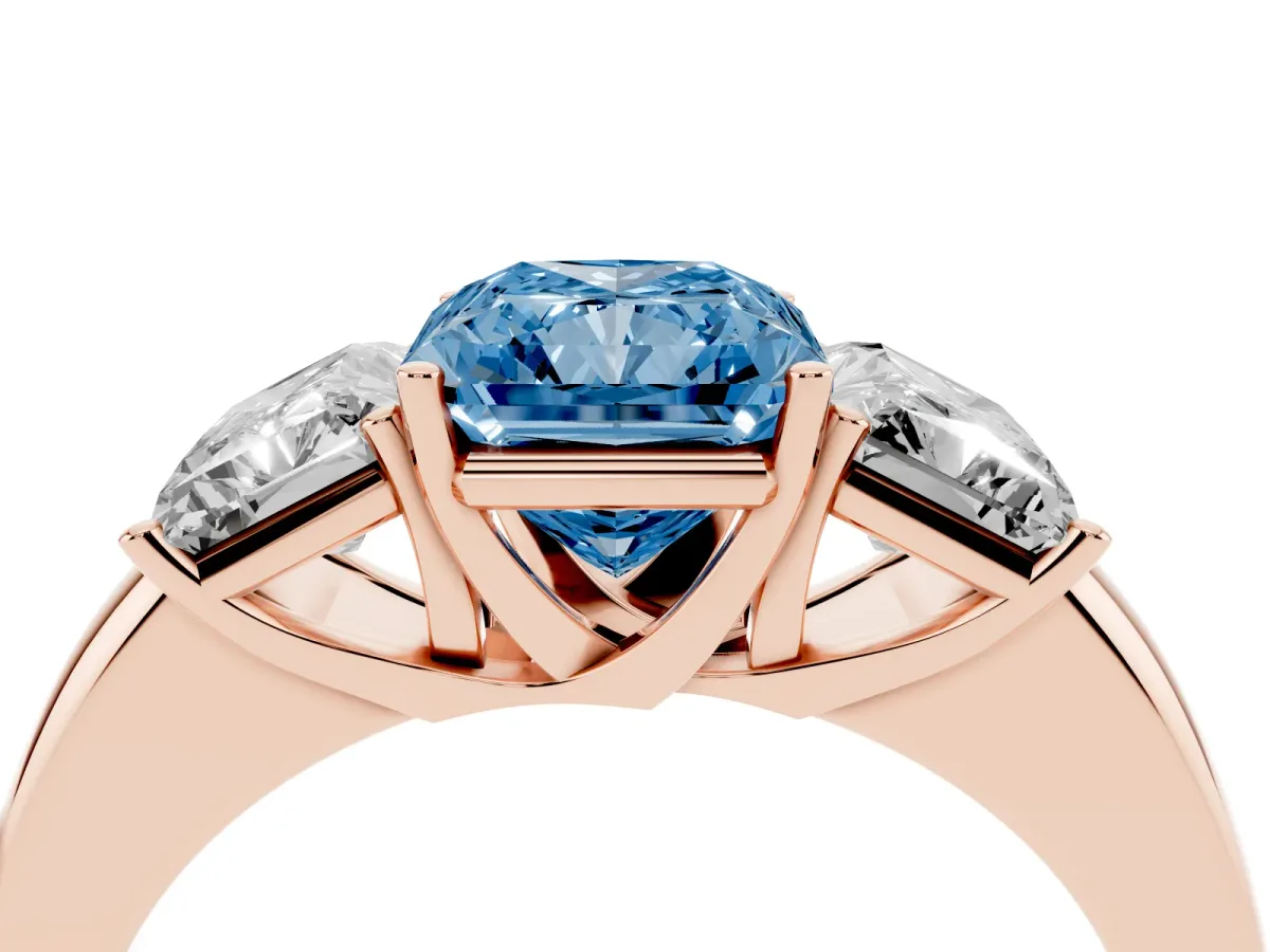 Fancy Blue Radiant Cut Diamond Three-Stone Ring with Four-Prong Setting and Classic Band Rose gold