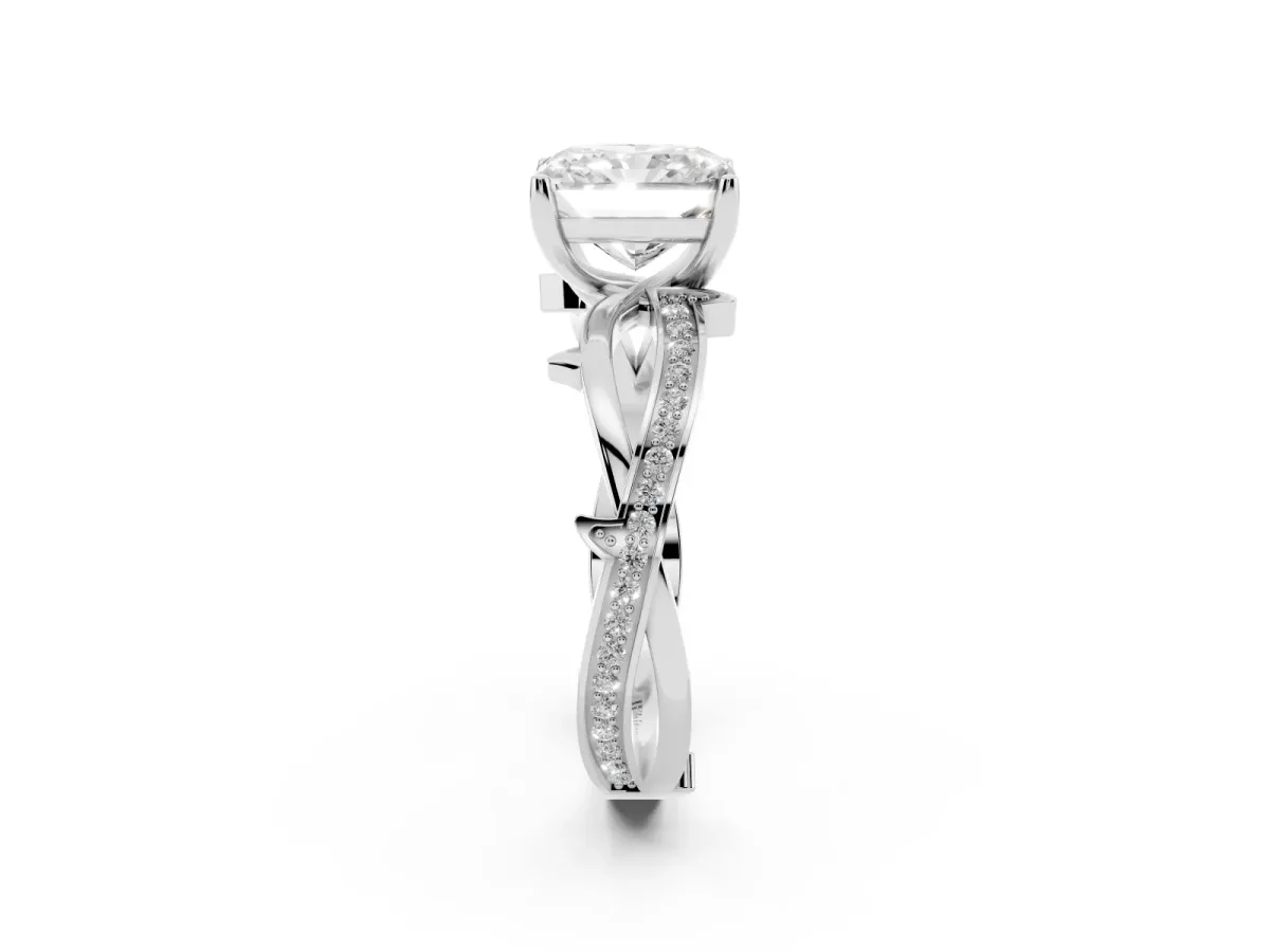 Radiant Cut Solitaire Twist Band with Pavé Accents and Four-Prong Setting White gold