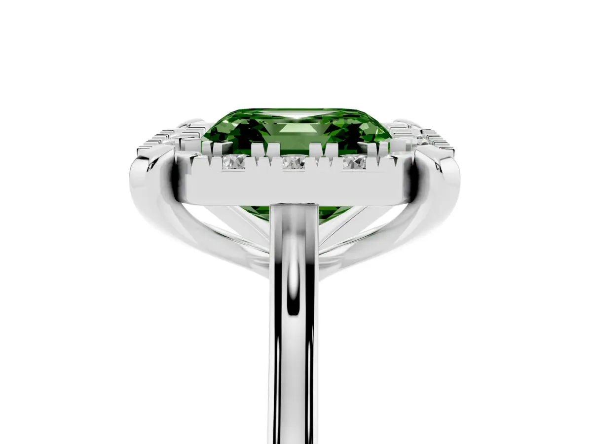 Fancy Green Asscher Cut Diamond Cluster Halo Solitaire with Four-Prong Setting Silver