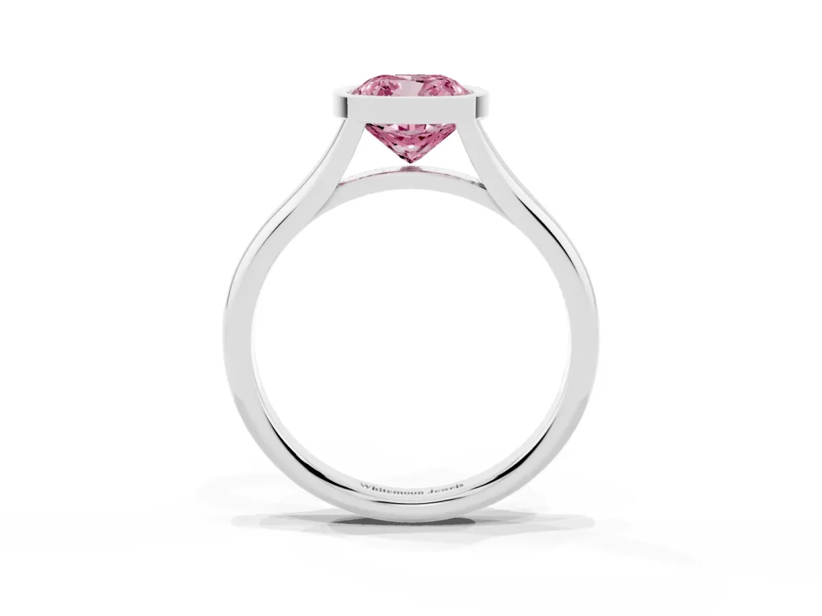 Fancy Pink Bezel Set Cushion Cut Cut Solitaire Ring with Tapered Band Silver