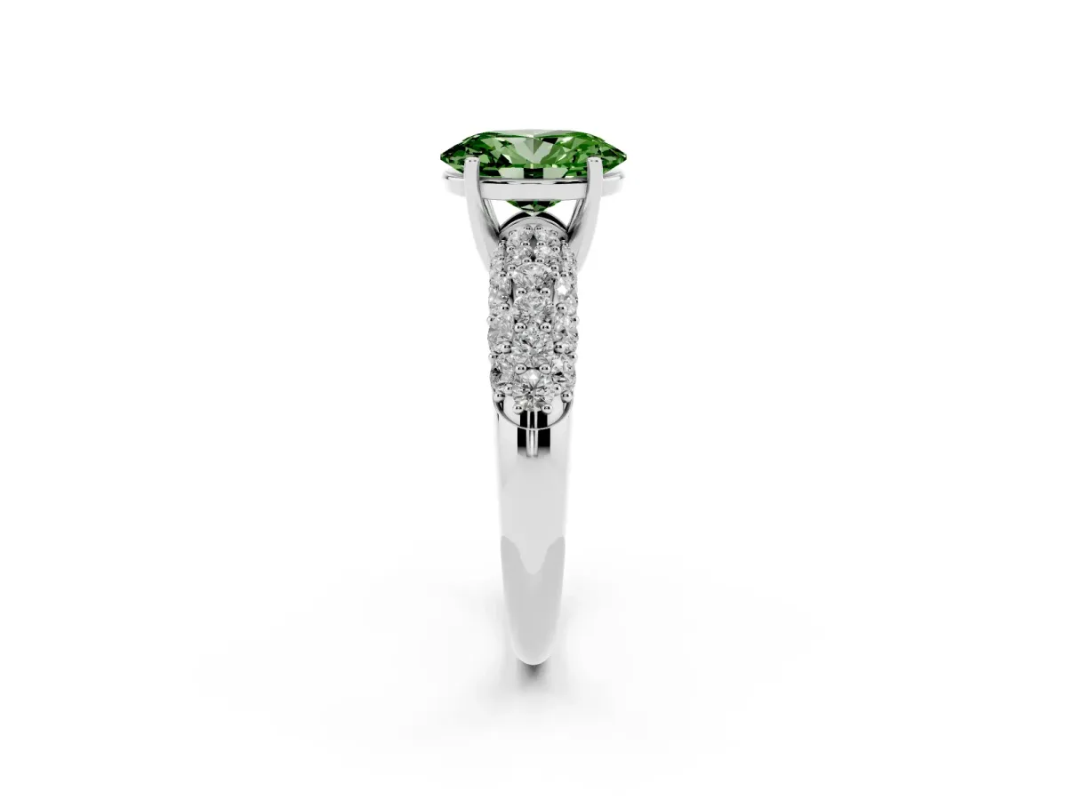 Fancy Green Oval Cut Diamond Pavé Band Solitaire Ring with Four-Prong Setting White gold