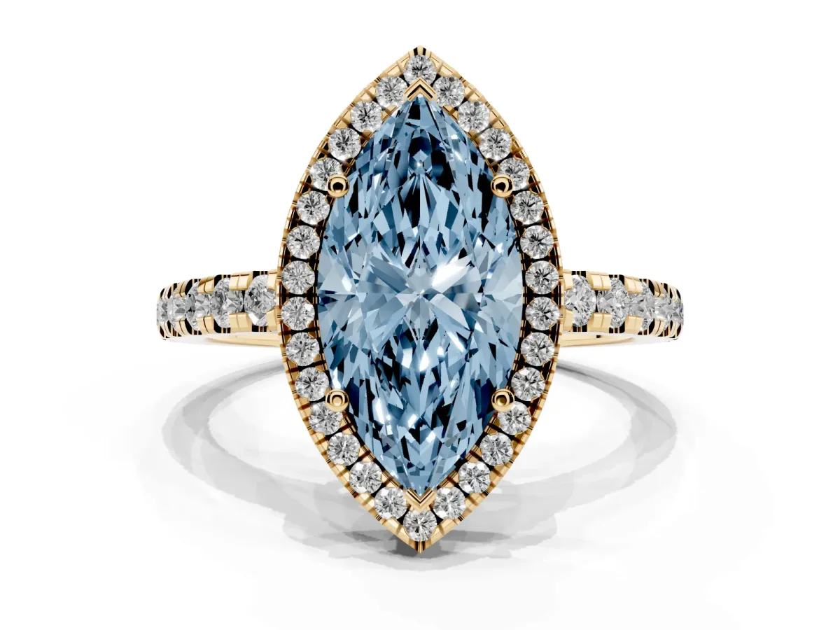 Fancy Blue Marquise Cut Diamond Halo Ring with Pavé Band and Four-Prong Setting Yellow gold