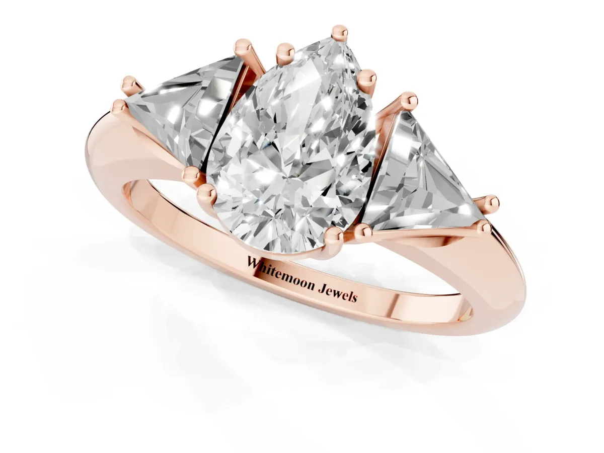 Three-Stone Pear Cut Diamond Engagement Ring with Trillion Side Stones and Prong Setting Rose gold