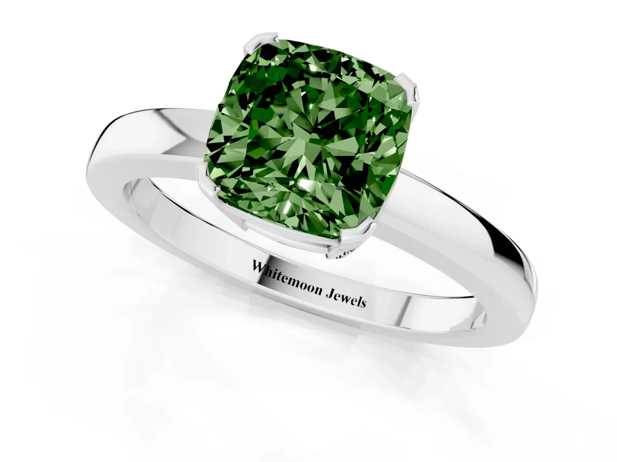 Fancy Green Cushion Cut Cut Solitaire Ring with Four-Prong Setting and Classic Band Silver