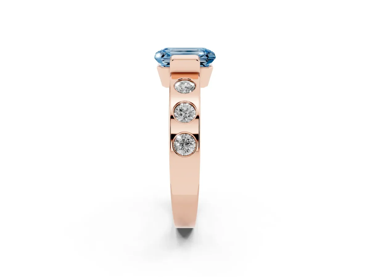 Fancy Blue Emerald Cut Brilliant Channel-Set Diamond Ring with Bezel Prong Setting Rose gold