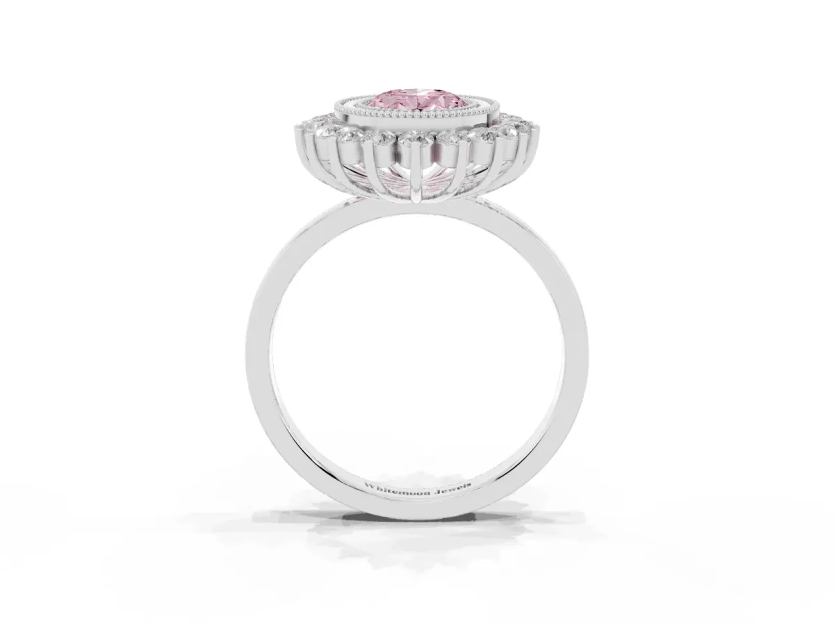 Fancy Pink Oval Cut Halo Diamond Ring with Milgrain Edge and Round Prong Setting Silver