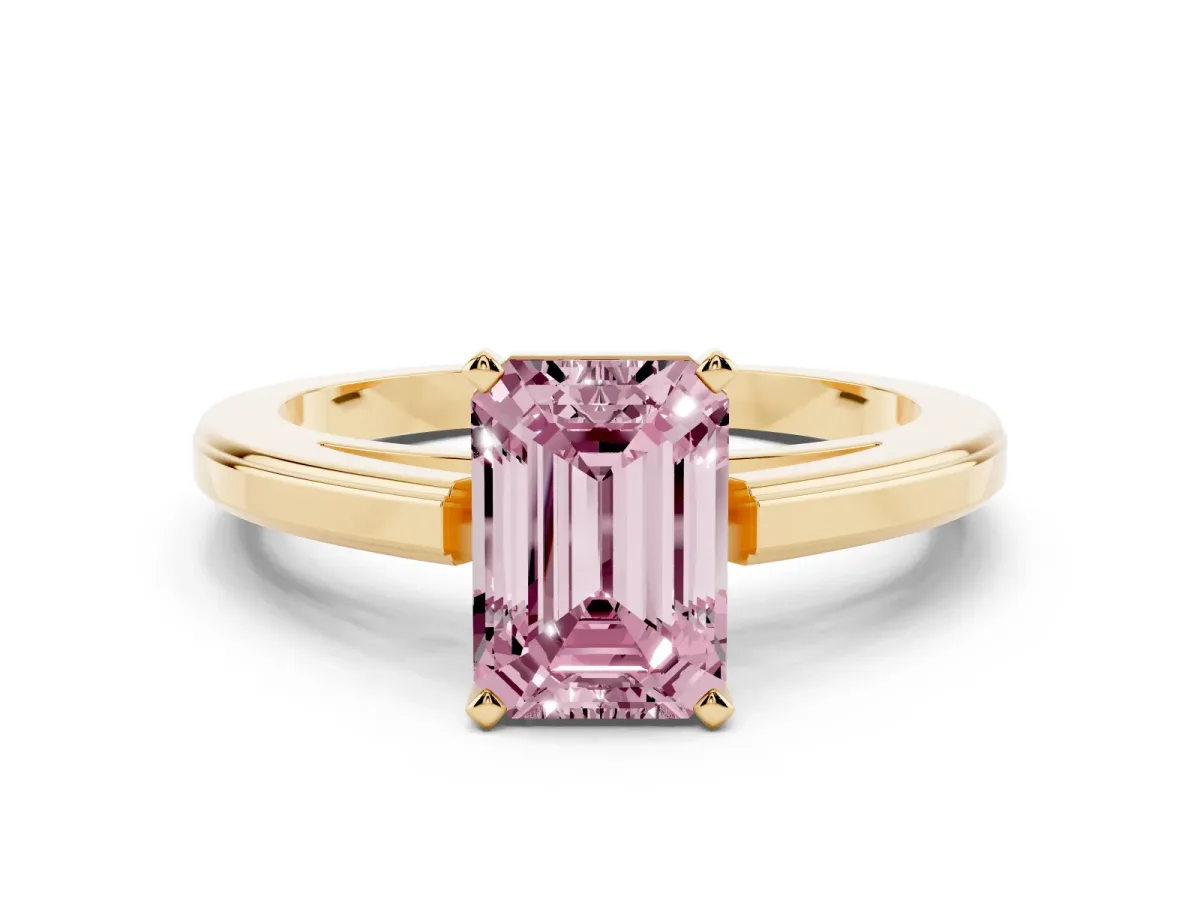 Fancy Pink Emerald Cut Solitaire Diamond Ring with Four-Prong Setting and Classic Band Yellow gold