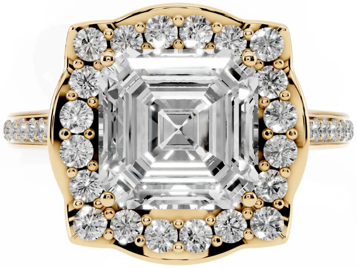 Asscher Cut Halo Round Diamond Pave Band with Four-Prong Setting Yellow gold