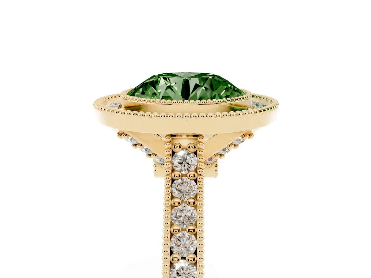 Fancy Green Halo Round Cut-Cut Diamond Pave Band Milgrain Prong Setting Ring Yellow gold