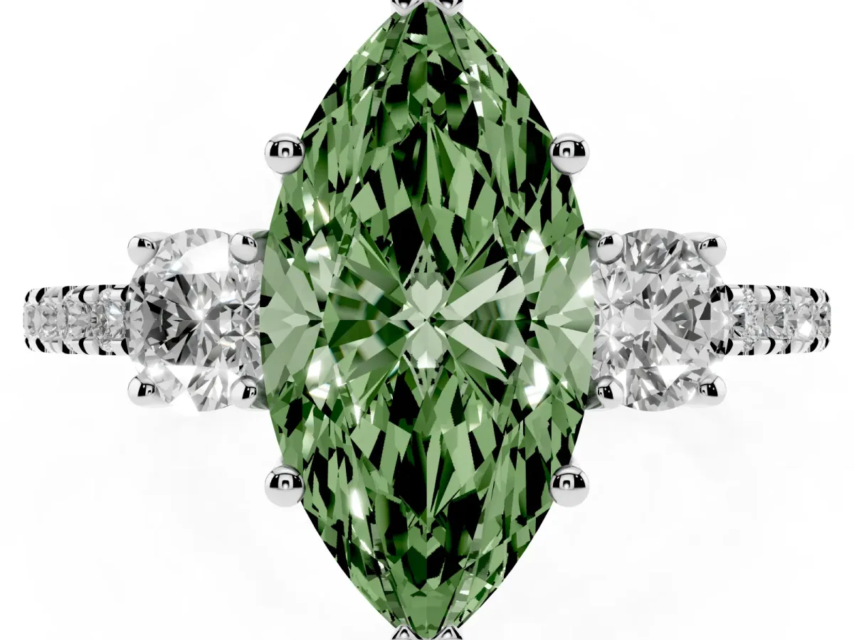 Fancy Green Three-Stone Marquise Cut Cut Diamond Pavé Band with Prong Setting Silver