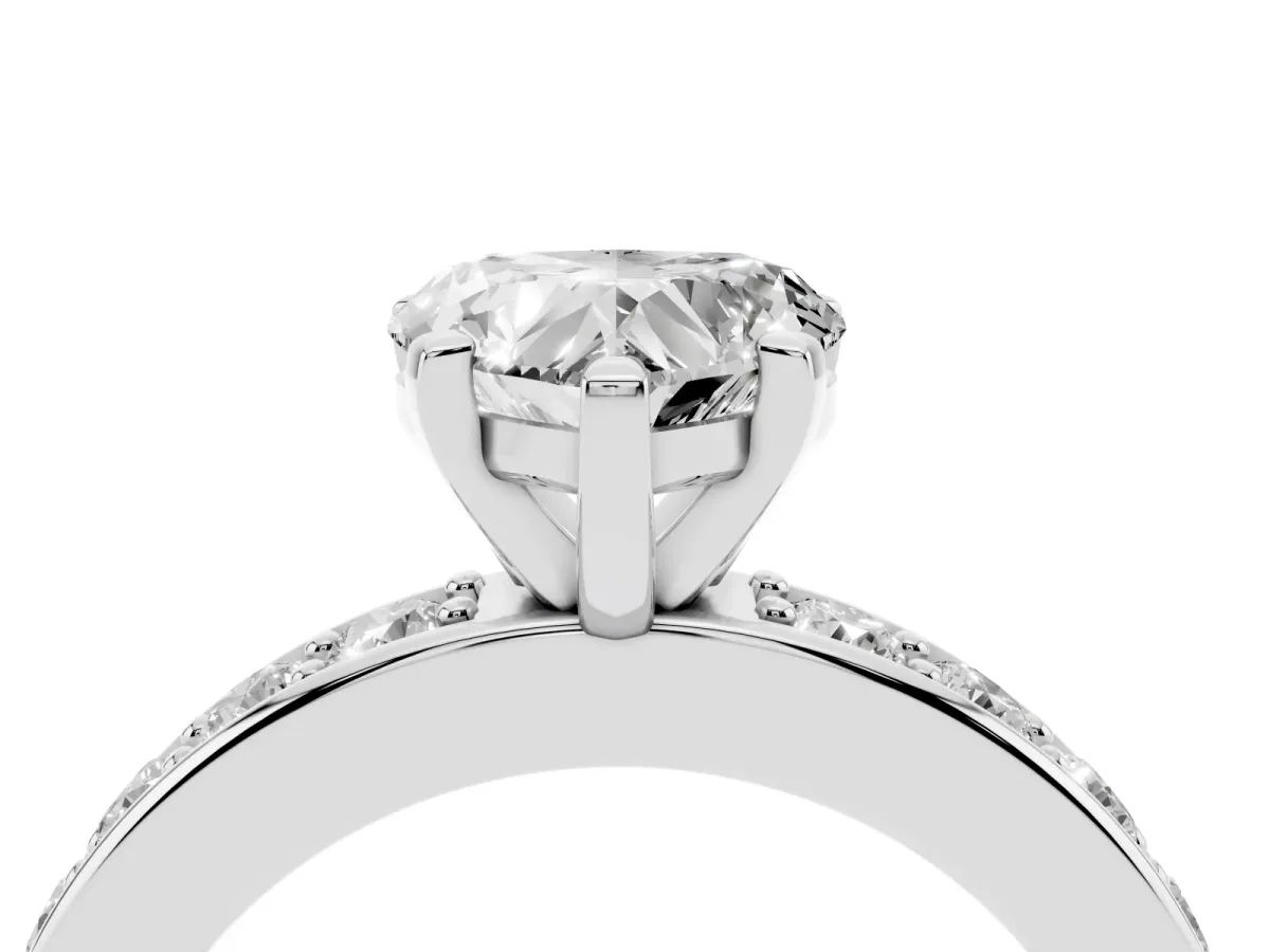 Heart Cut Diamond Engagement Ring with Channel Set Round Band and Prong Setting Silver
