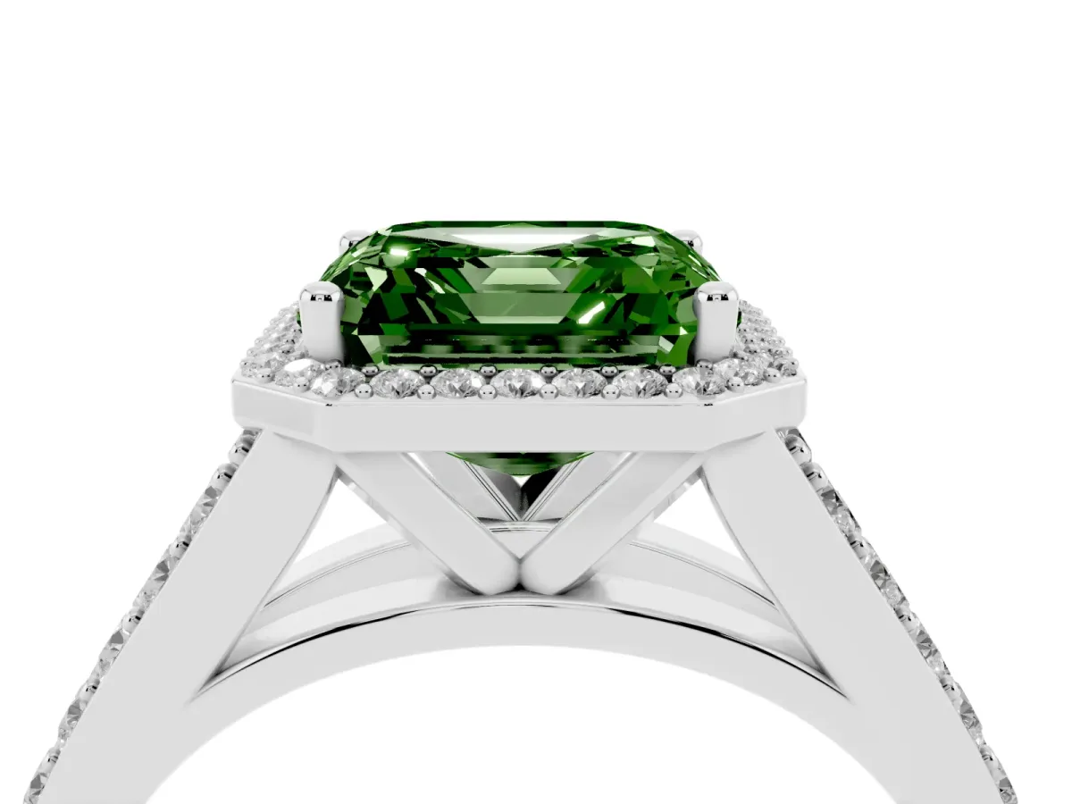 Fancy Green Asscher Cut Diamond Split Shank Halo Ring with Four-Prong Setting Platinum