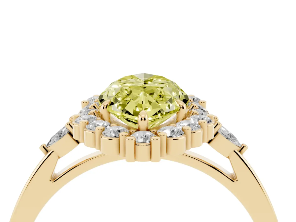 Fancy Yellow Marquise Cut Diamond Halo Ring with Pear Side Stones and Prong Setting Yellow gold