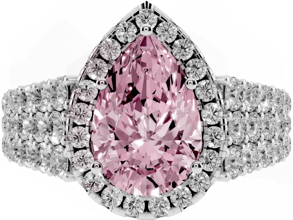 Fancy Pink Pear Cut Diamond Halo Engagement Ring with Triple Row Round Pavé Band and Prong Setting Silver