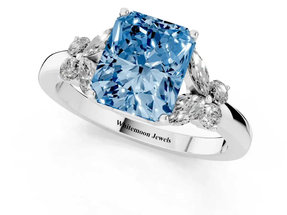 Fancy Blue Radiant Cut Cut Solitaire Floral Diamond Ring with Four-Prong Setting Silver