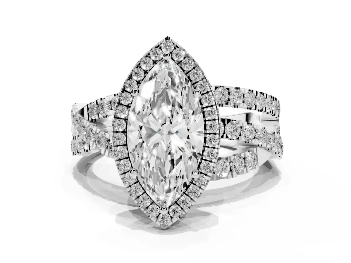 Marquise Cut Diamond Halo Ring with Round Split Shank and Prong Setting Silver