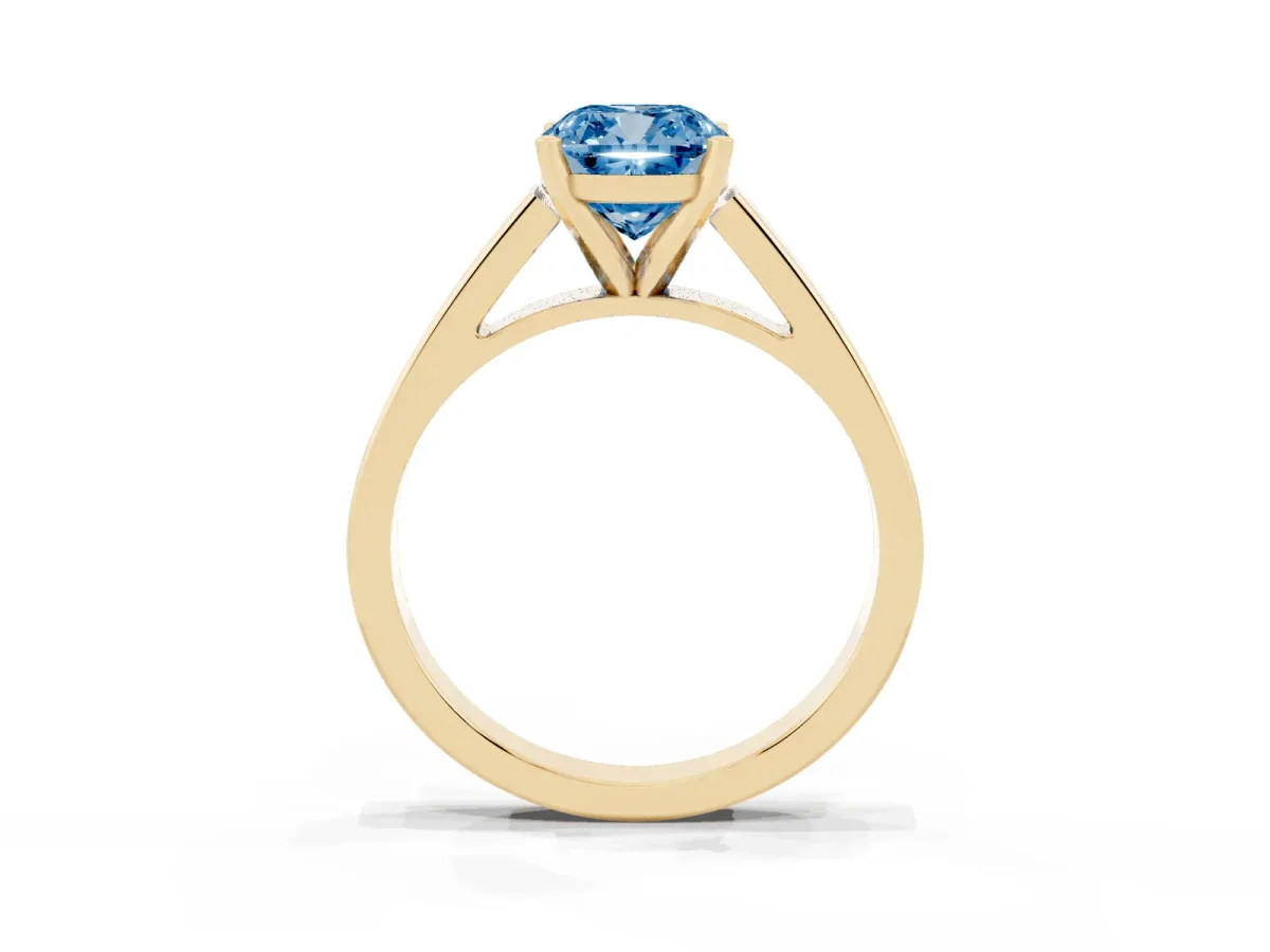 Fancy Blue Cushion Cut Solitaire Engagement Ring with Four-Prong Setting and Tapered Band Yellow gold