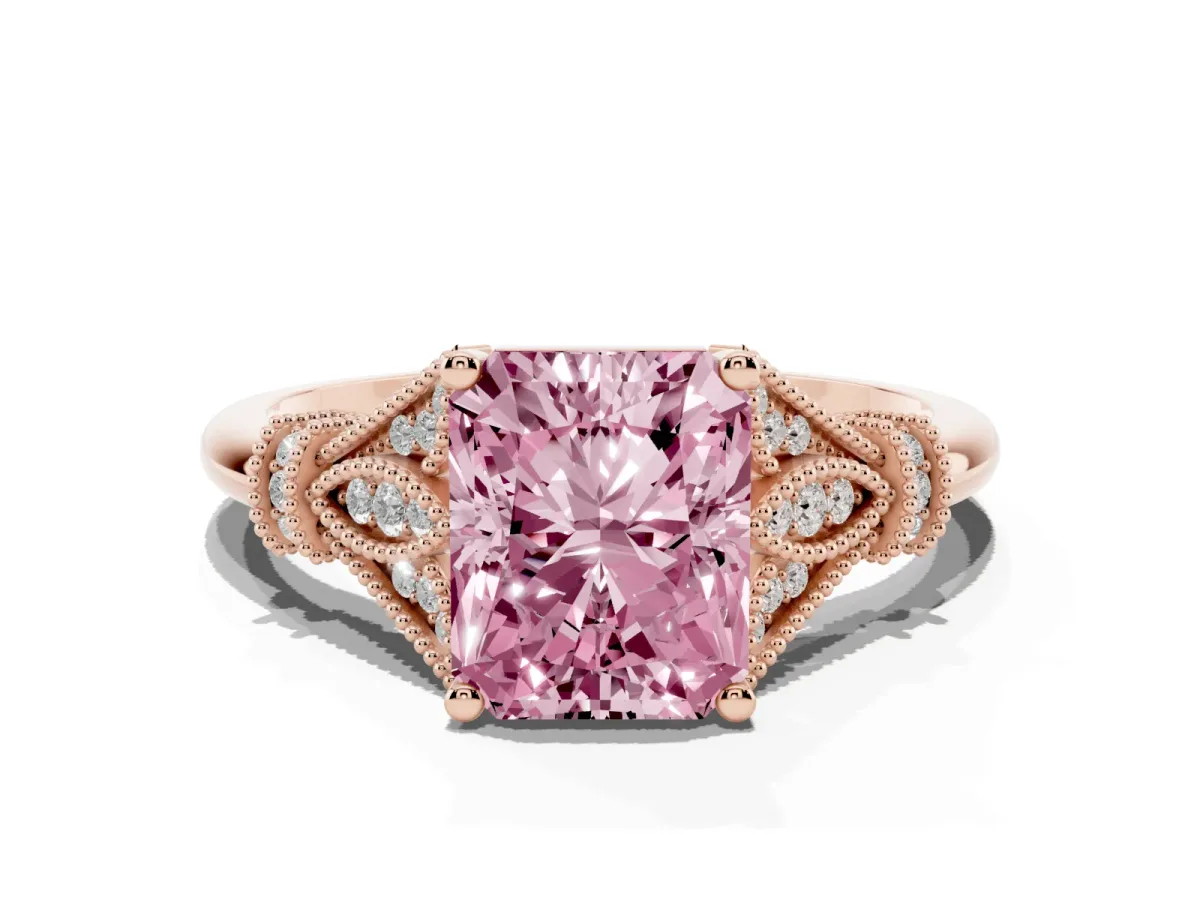 Fancy Pink Radiant Cut Diamond Solitaire Ring with Floral Filigree and Pave Accents Rose gold