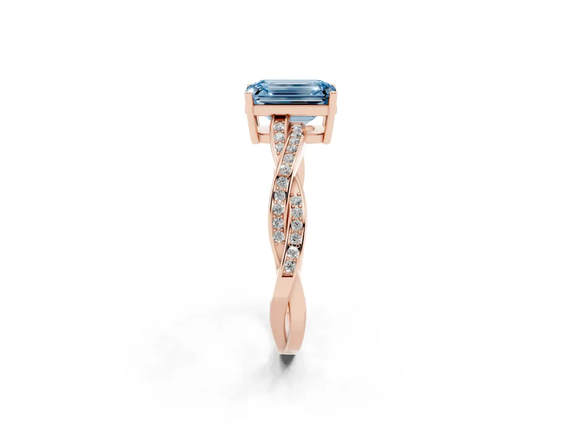 Fancy Blue Emerald Cut Solitaire Twisted Pave Diamond Ring with Four-Prong Setting Rose gold