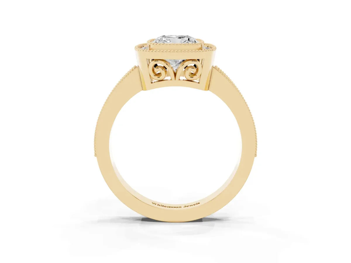 Cushion Cut Cut Halo Diamond Ring with Pavé Band and Milgrain Prong Setting Yellow gold