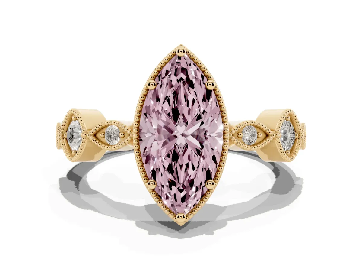 Fancy Pink Marquise Cut Diamond Vintage Milgrain Ring with Round Stations Yellow gold