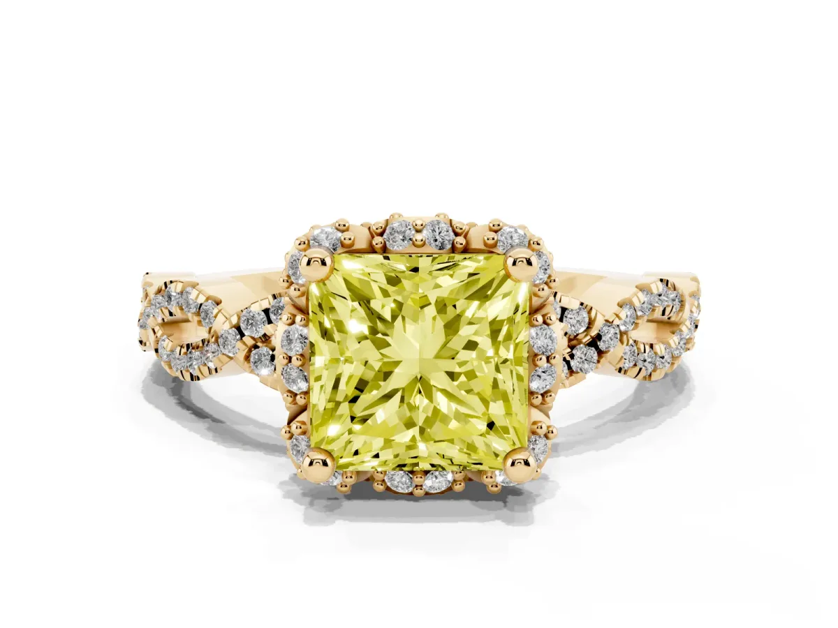 Fancy Yellow Princess Cut Halo Twist Band Solitaire Ring with Six-Prong Setting Yellow gold
