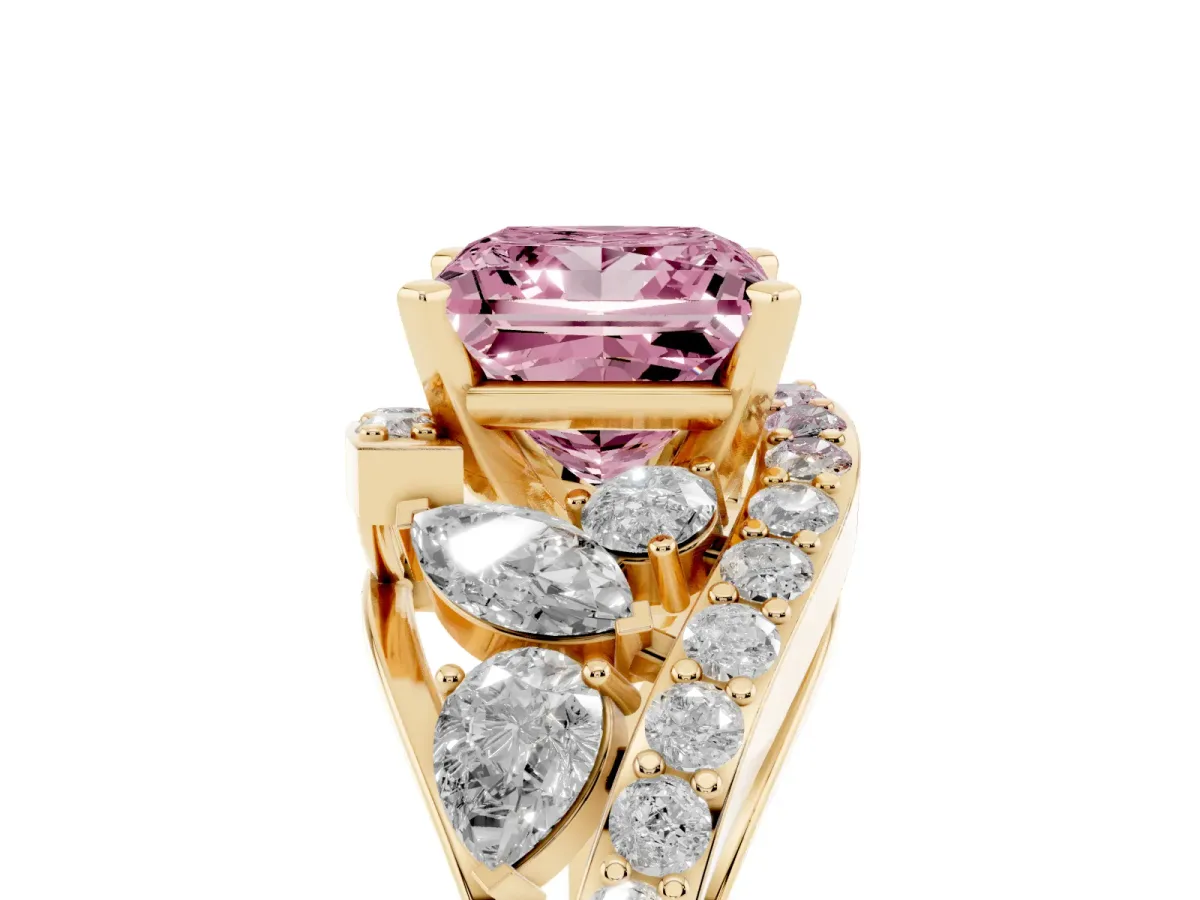 Fancy Pink Princess Cut Diamond Halo Ring with Marquise and Pavé Band in Prong Setting Yellow gold