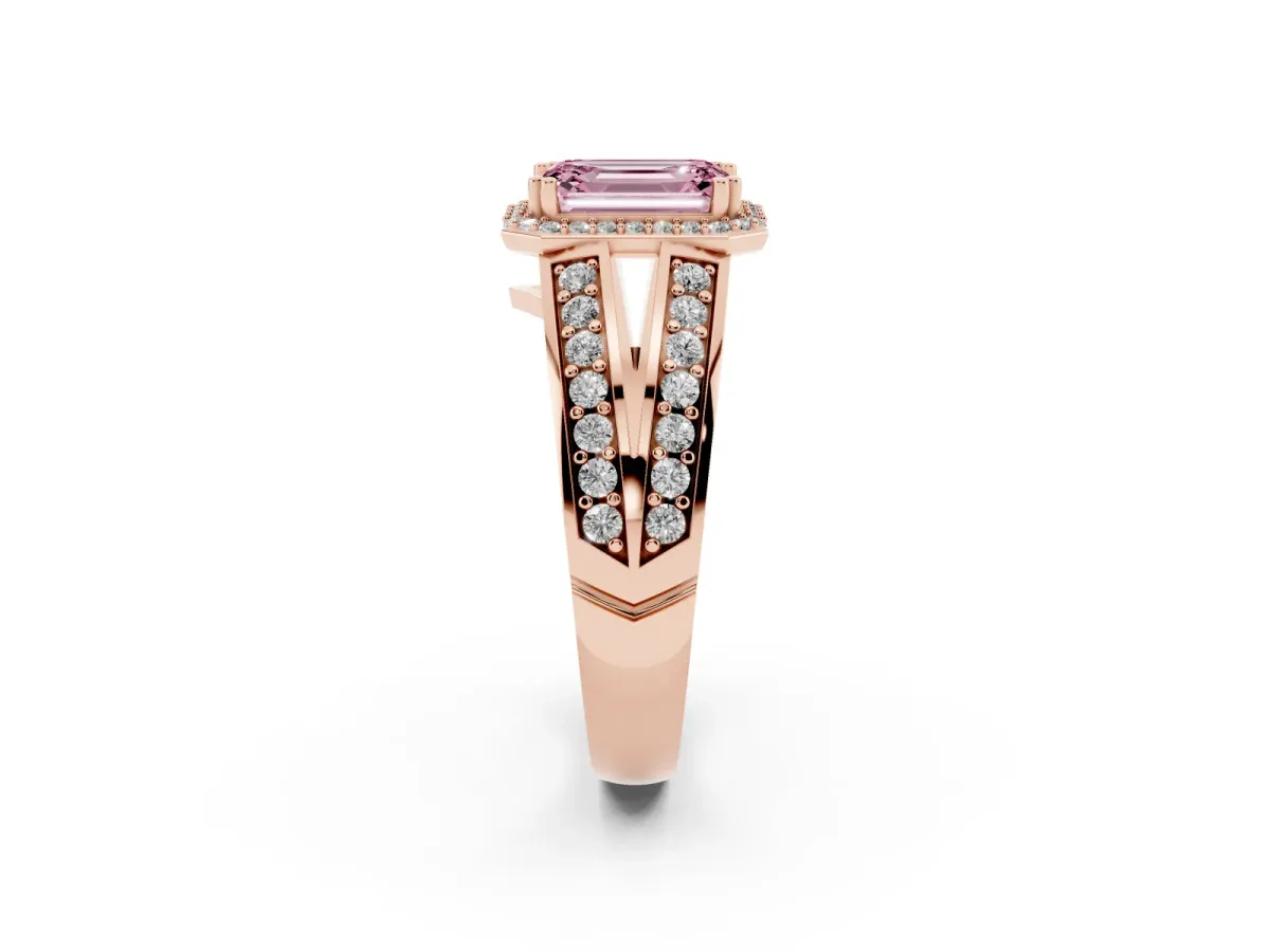 Fancy Pink Emerald Cut Diamond Halo Ring with Split Shank Pavé Band and Four-Prong Setting Rose gold