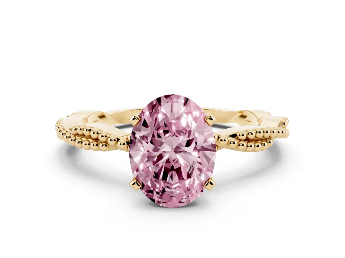 Fancy Pink Oval Cut Solitaire Twisted Band with Bead Prong Setting Yellow gold