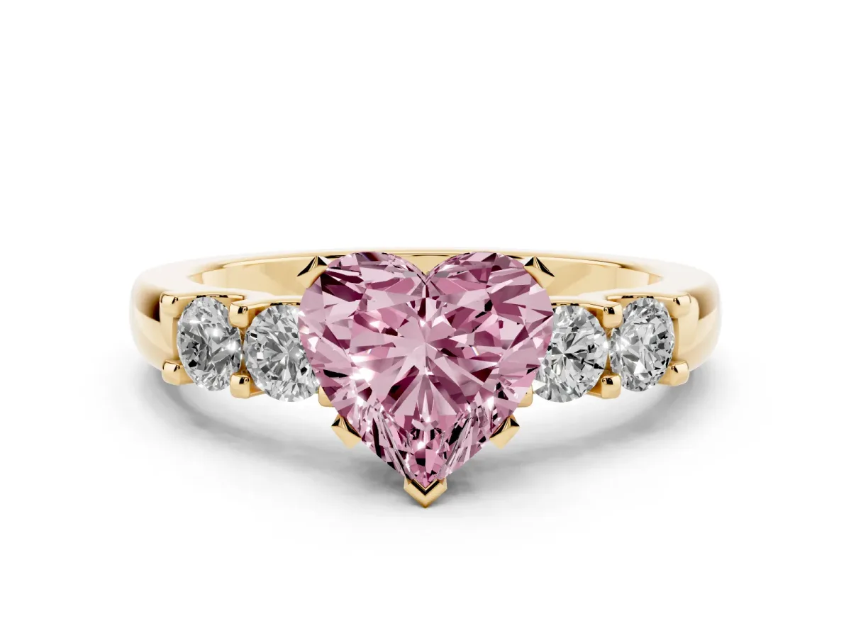 Fancy Pink Heart Cut Brilliant Cut Diamond Five-Stone Prong Set Engagement Ring with Channel Band Yellow gold