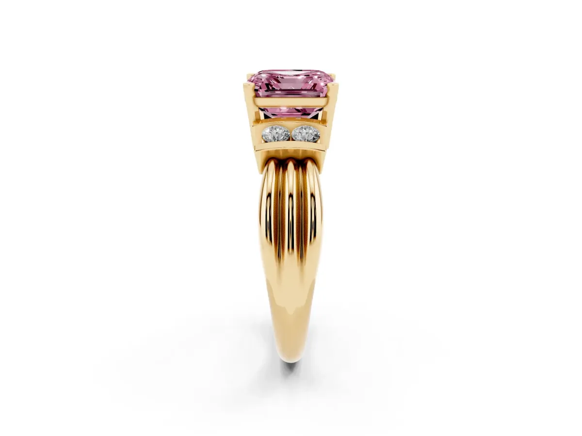 Fancy Pink Asscher Cut Cut Three-Stone Channel Set Ring with Bar Prongs Yellow gold