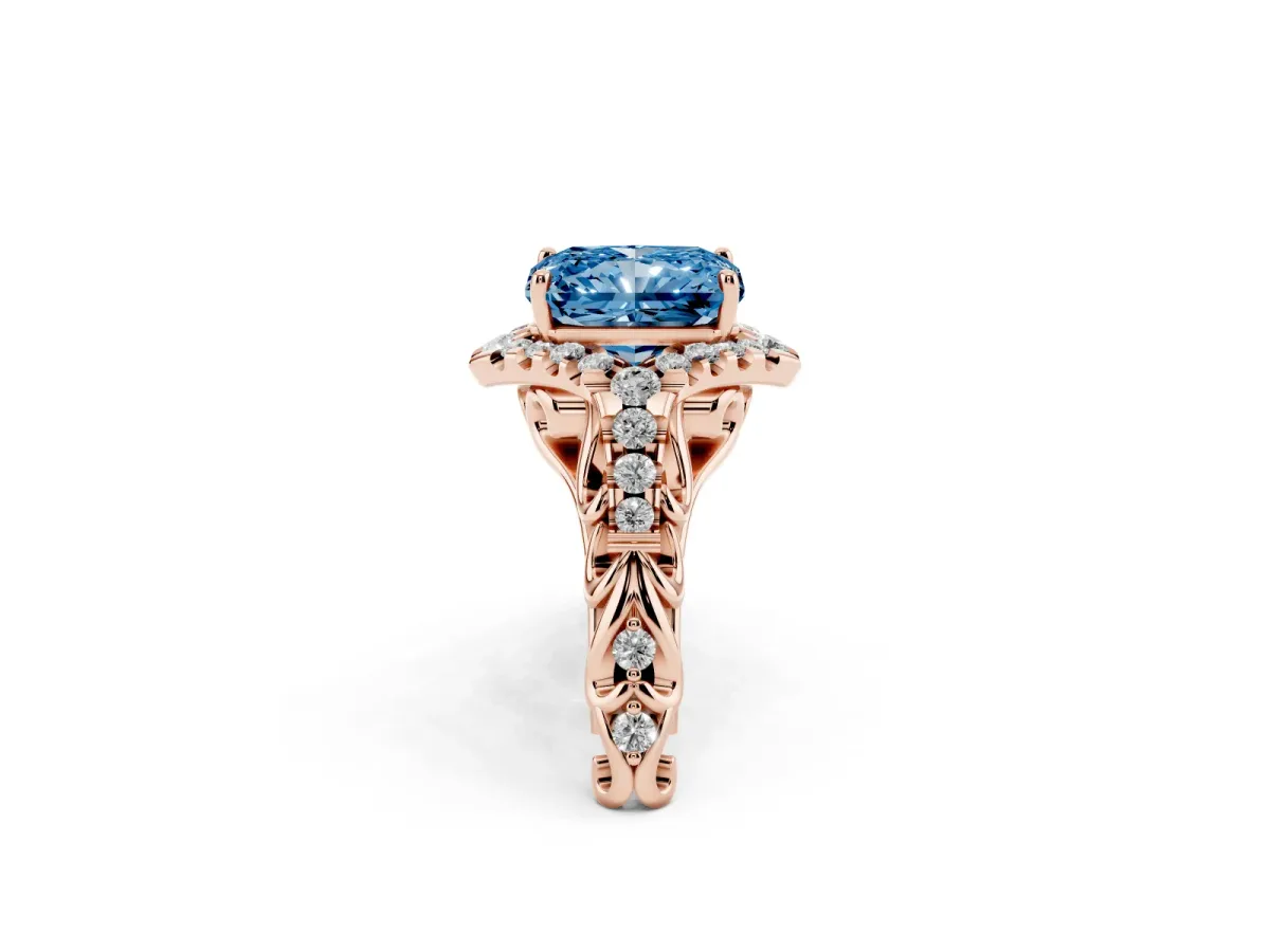 Fancy Blue Radiant Cut Diamond Solitaire Ring with Hidden Halo and Pavé Band Rose gold