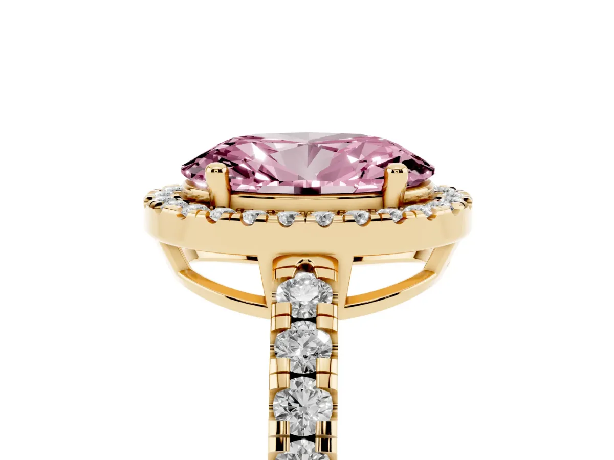 Fancy Pink Oval Cut Diamond Halo Ring with Pavé Band and Four-Prong Setting Yellow gold