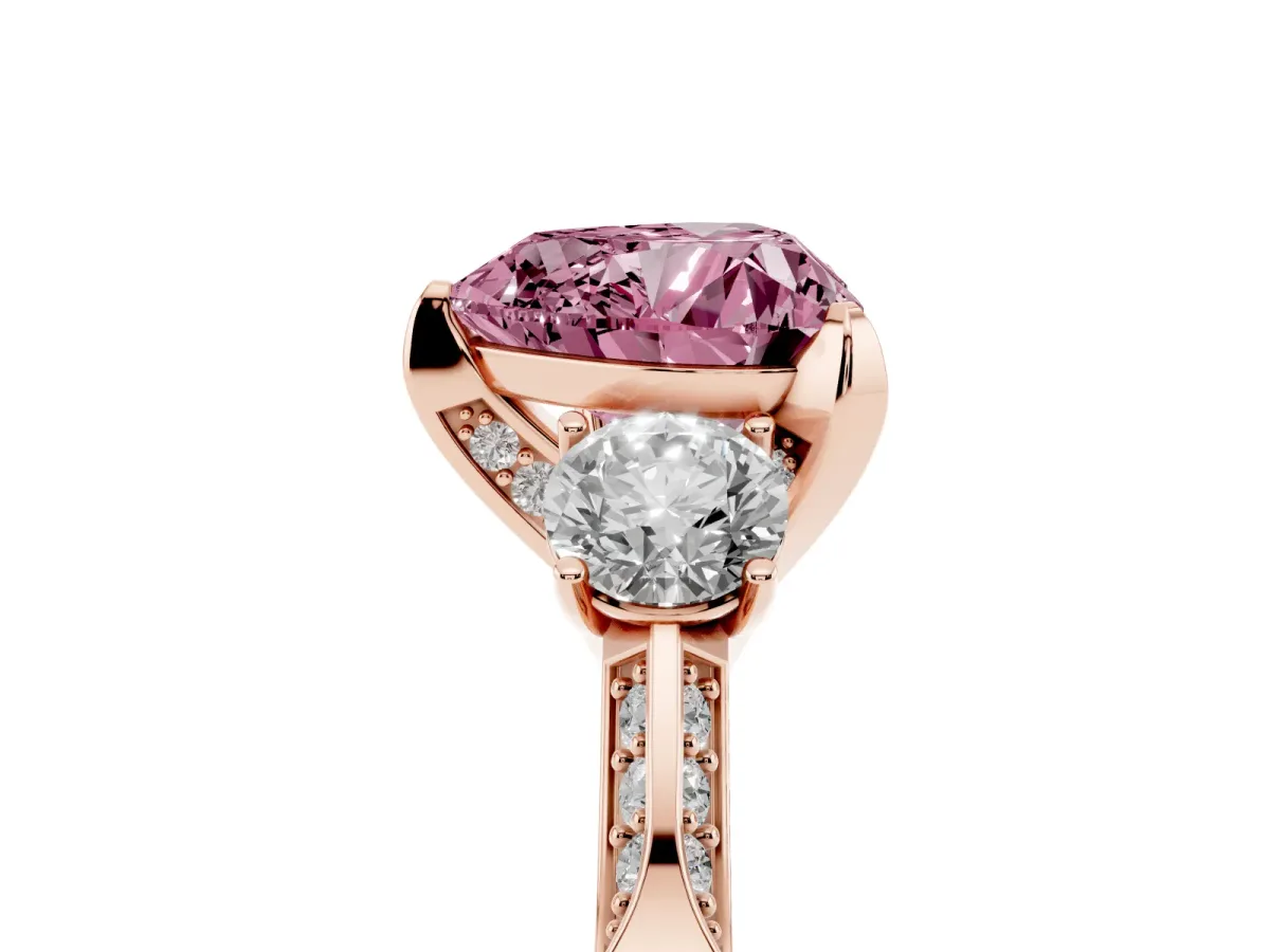 Fancy Pink Heart Cut Brilliant Three-Stone Diamond Ring with Pavé Band and Four-Prong Setting Rose gold