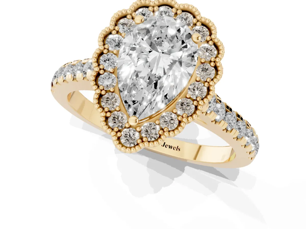 Pear Cut Cut Diamond Milgrain Floral Halo Engagement Ring with Pavé Band Yellow gold