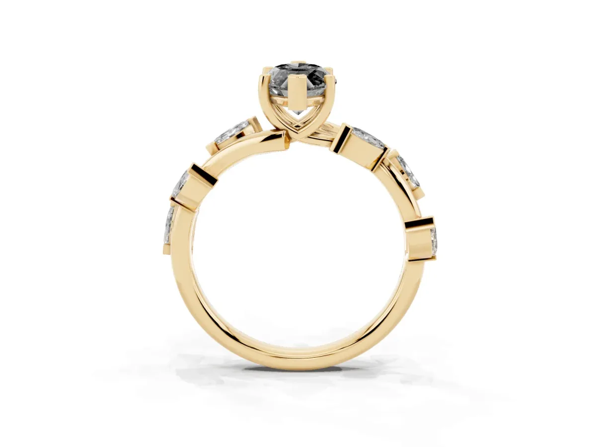 Fancy Black Marquise Cut Solitaire Twisted Band Marquise Accent Prong Setting Ring Yellow gold