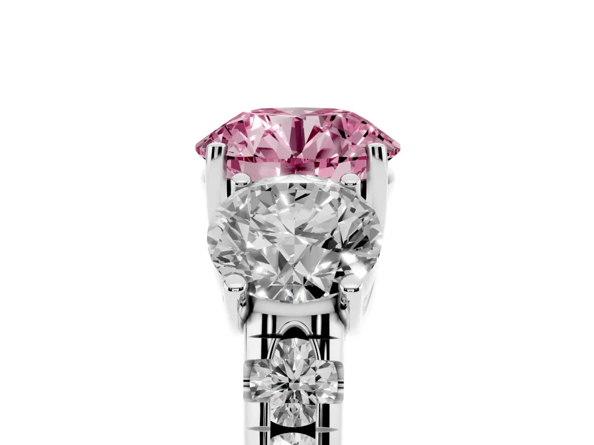 Fancy Pink Three-Stone Round Cut Diamond Pavé Band with Prong Setting Platinum