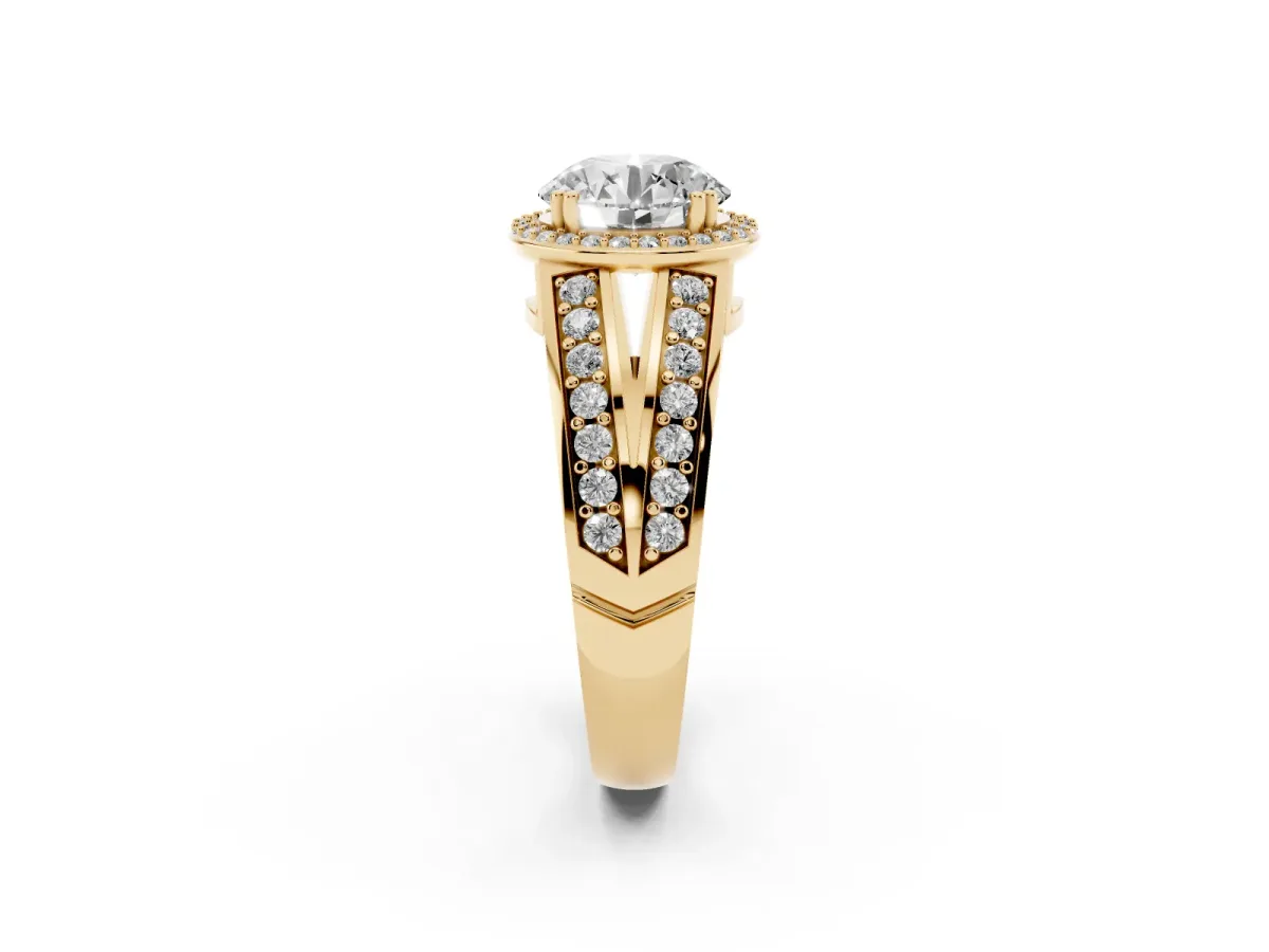 Round Cut Diamond Halo Ring with Split Shank Pavé Band and Four-Prong Setting Yellow gold