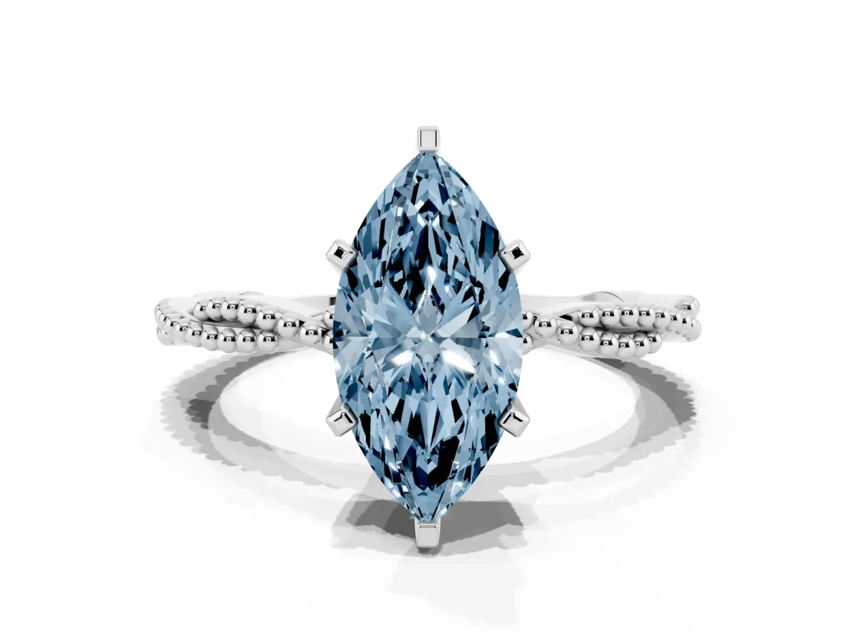 Fancy Blue Marquise Cut Solitaire Twisted Band with Bead Prong Setting Silver