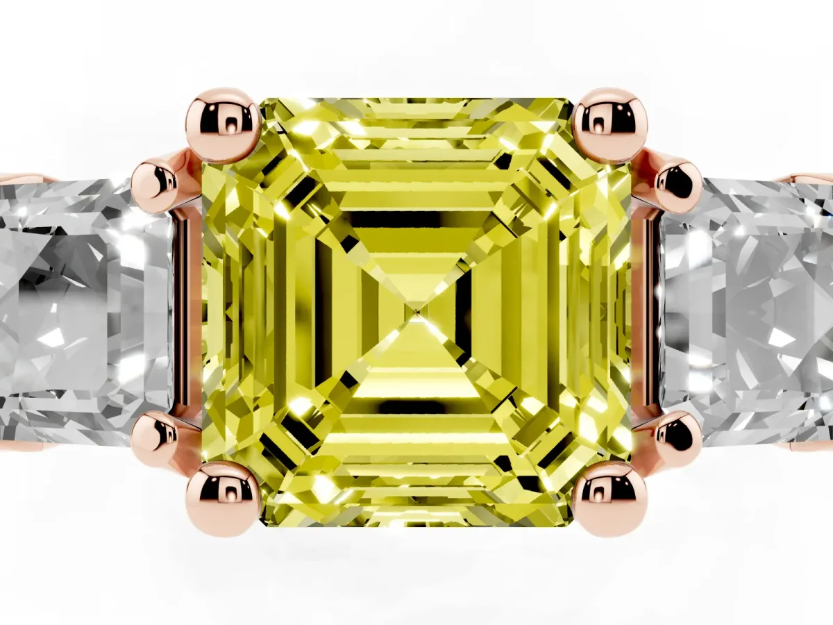 Fancy Yellow Asscher Cut Diamond Three-Stone Ring with Channel Set Band and Four-Prong Setting Rose gold