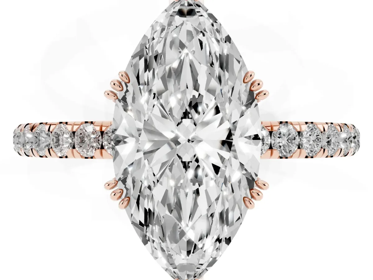 Marquise Cut Brilliant Solitaire with Pavé Band and Claw Prong Setting Rose gold