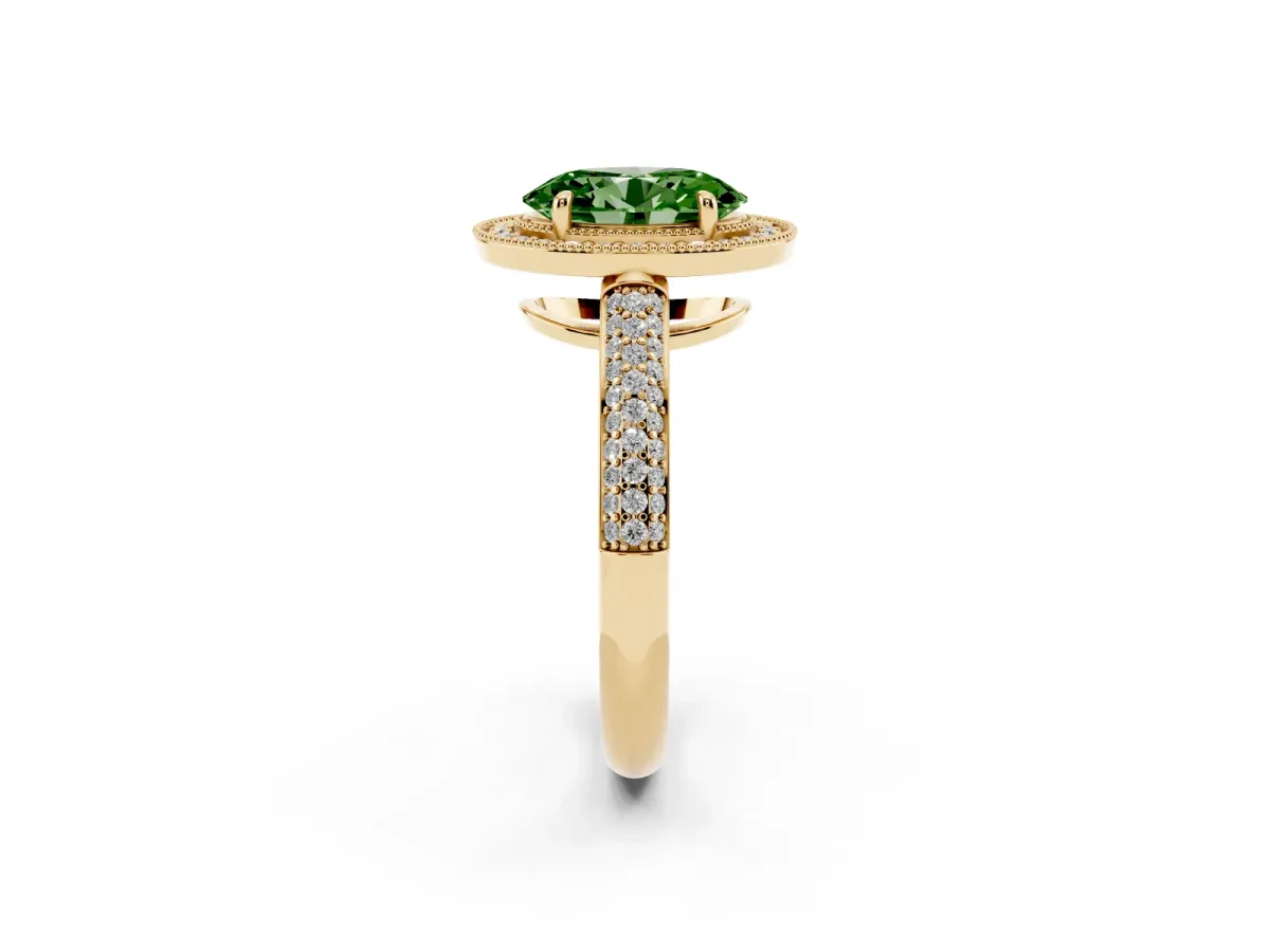 Fancy Green Oval Cut Cut Halo Diamond Pave Band with Four-Prong Setting Yellow gold