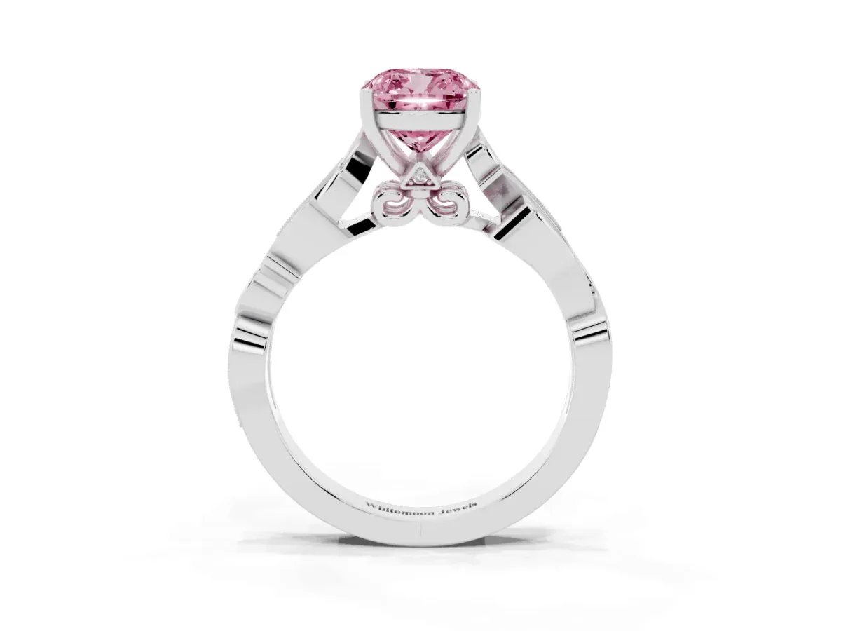 Fancy Pink Cushion Cut Solitaire Vine Band with Milgrain Prong Setting Silver