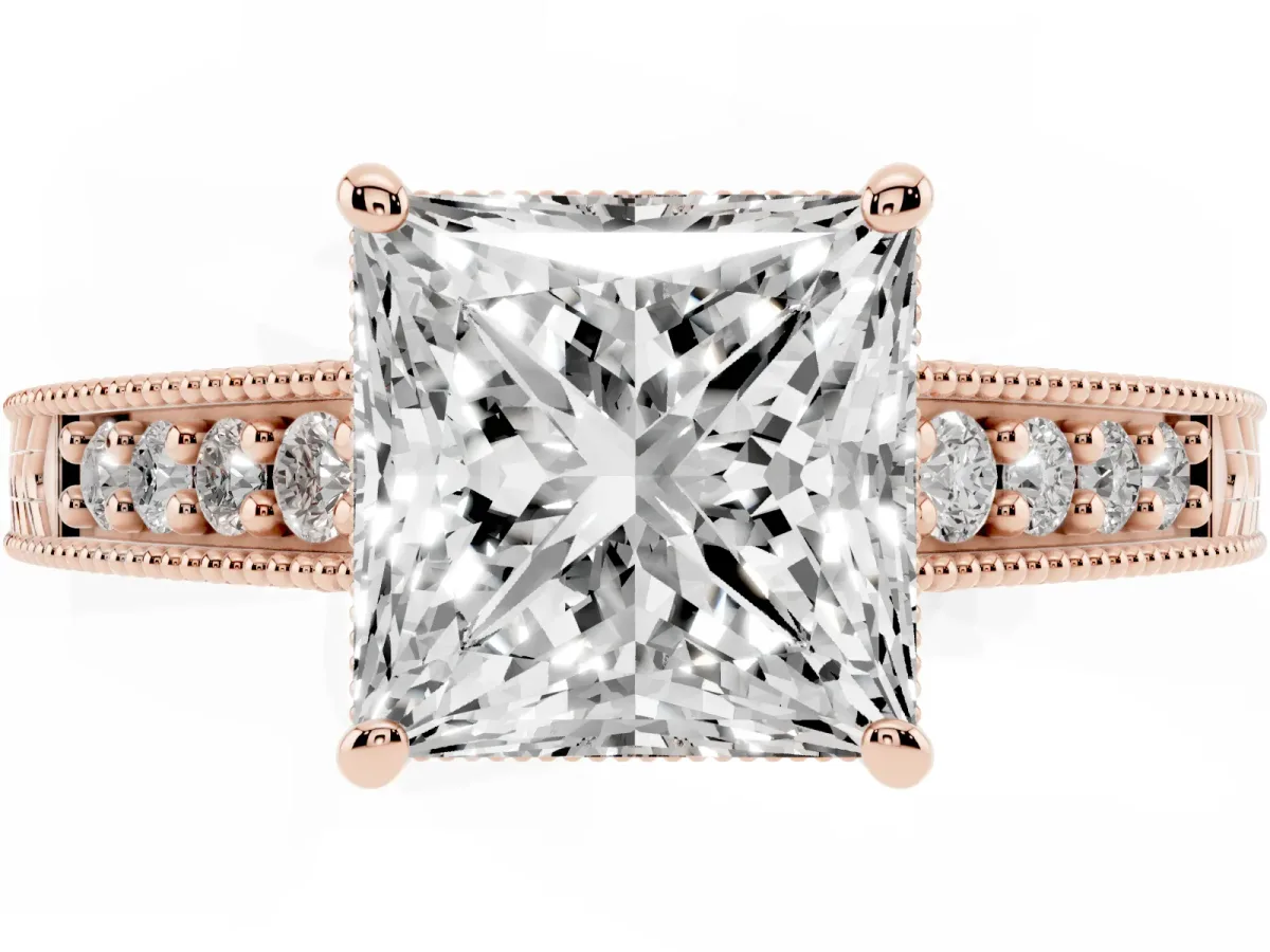 Princess Cut Solitaire Pavé Diamond Milgrain Engagement Ring with Four-Prong Setting Rose gold