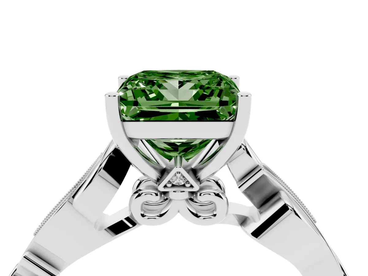 Fancy Green Princess Cut Solitaire Vine Band with Milgrain Prong Setting Silver