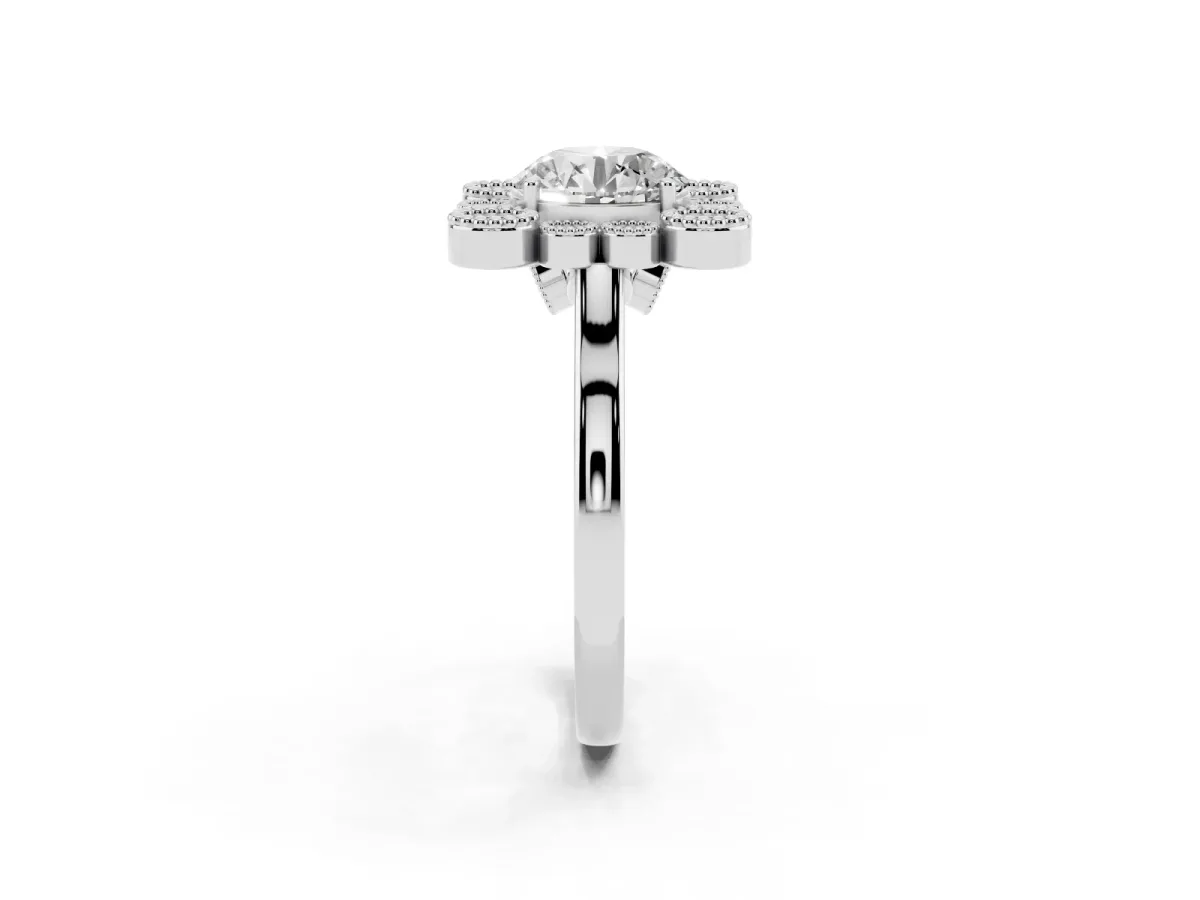 Round Cut Halo Diamond Cluster Engagement Ring with Milgrain Bezel Setting and Solitaire Band White gold