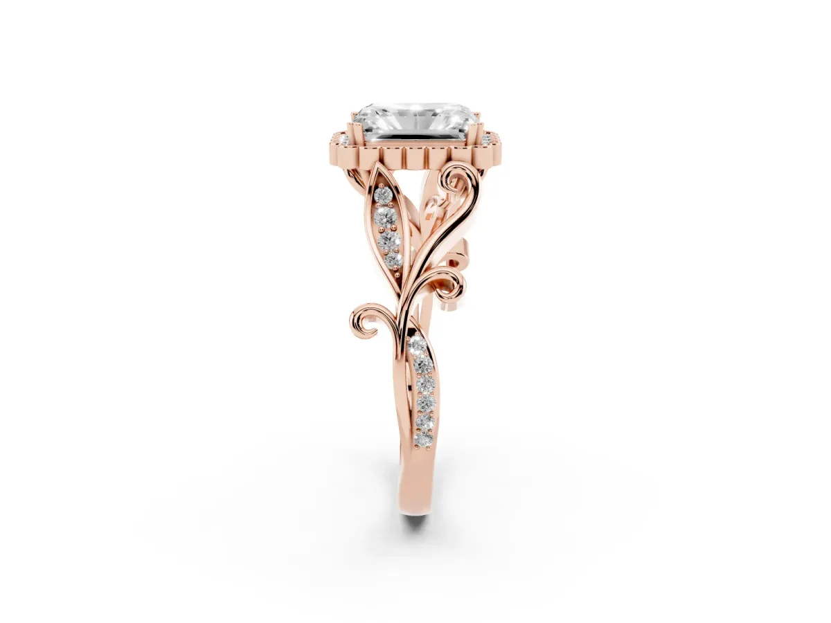 Radiant Cut Diamond Halo Ring with Vintage Split Shank and Four-Prong Setting Rose gold